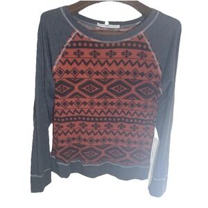 Gibson Charcoal Black Orange Aztec Print Raglan T-Shirt Long Sleeve Size LG